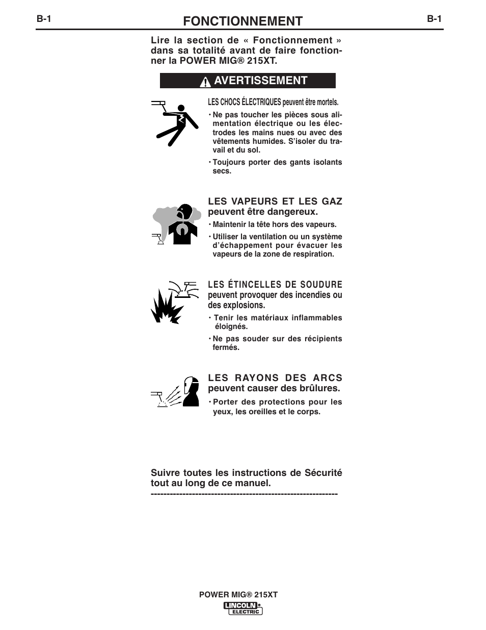 Fonctionnement, Avertissement | Lincoln Electric IM978 POWER MIG 215XT User Manual | Page 13 / 33