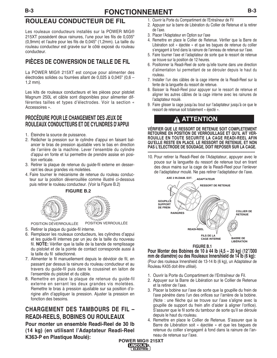 Fonctionnement, Rouleau conducteur de fil, Pièces de conversion de taille de fil | Attention | Lincoln Electric IM978 POWER MIG 215XT User Manual | Page 15 / 33