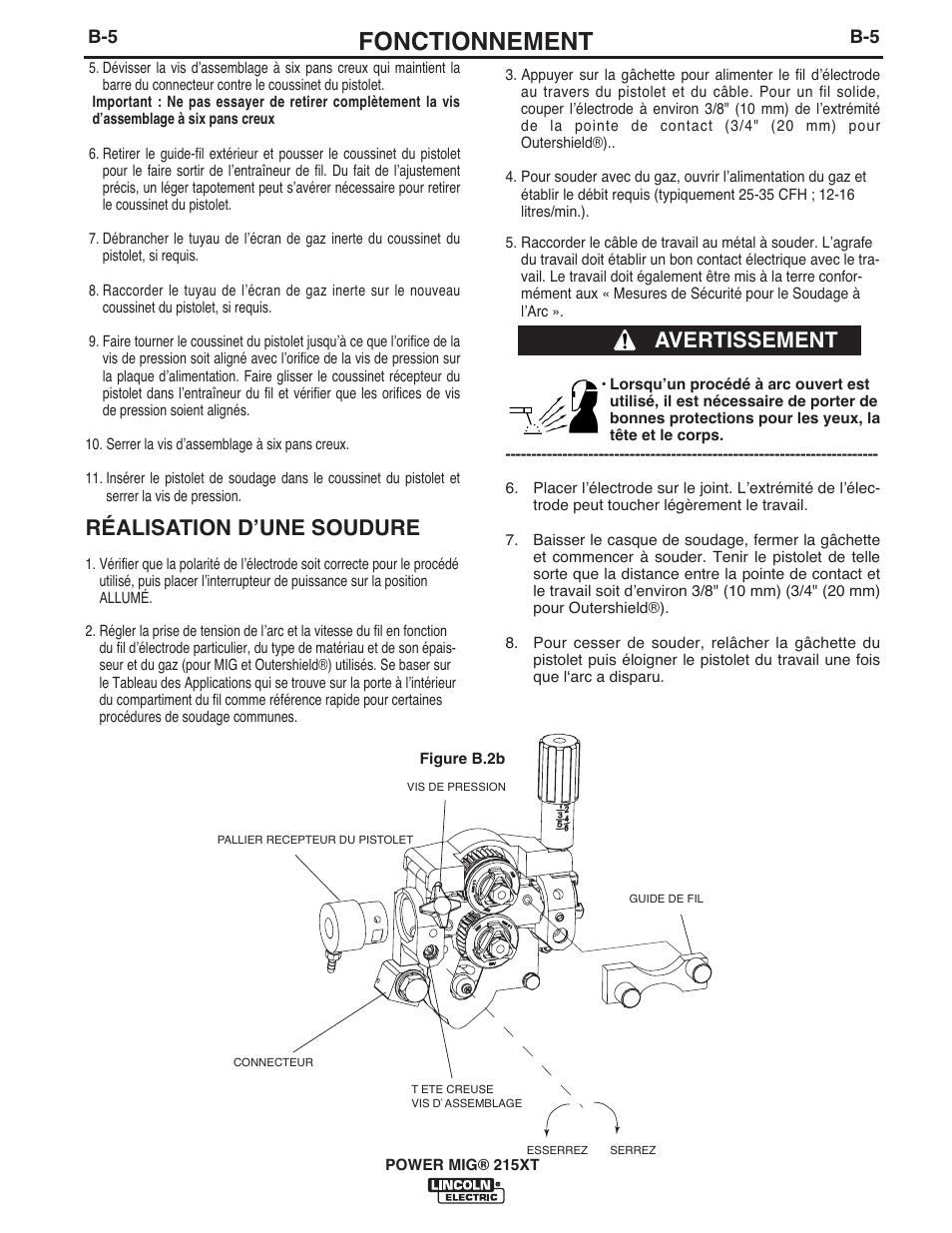 Fonctionnement, Avertissement, Réalisation dʼune soudure | Lincoln Electric IM978 POWER MIG 215XT User Manual | Page 17 / 33