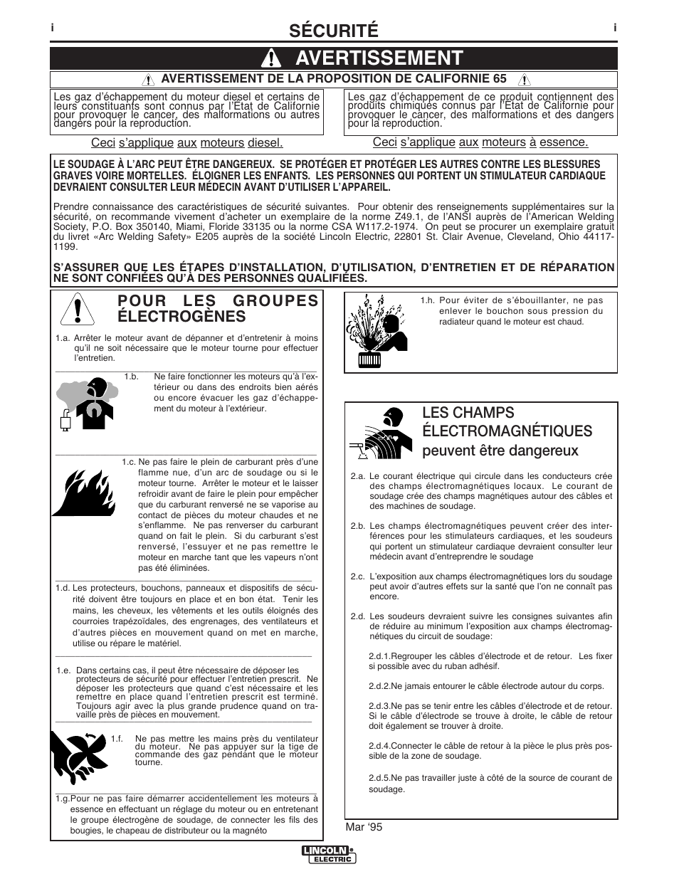 Avertissement, Sécurité, Pour les groupes électrogènes | Lincoln Electric IM978 POWER MIG 215XT User Manual | Page 2 / 33