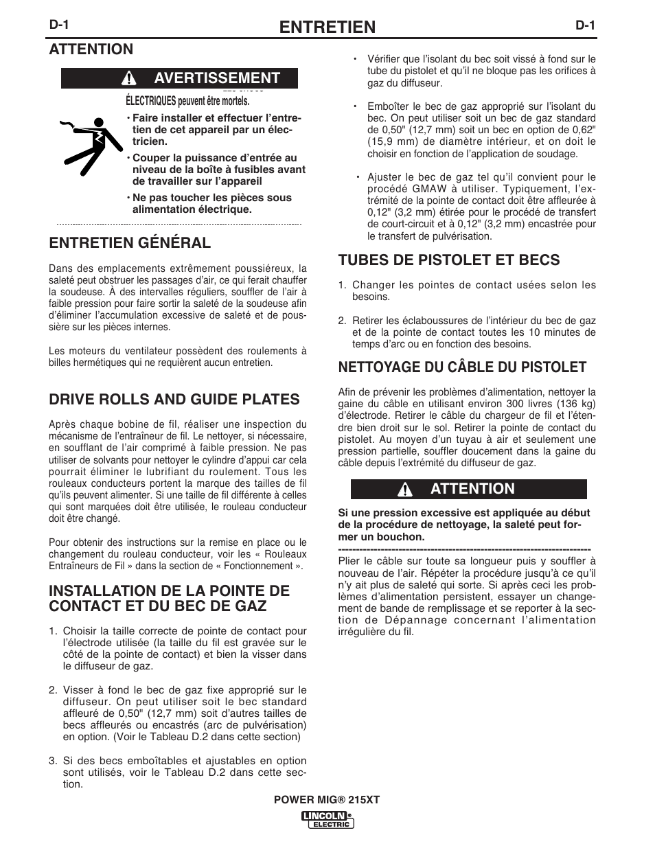 Entretien, Tubes de pistolet et becs, Nettoyage du câble du pistolet | Attention, Entretien général, Drive rolls and guide plates, Avertissement attention | Lincoln Electric IM978 POWER MIG 215XT User Manual | Page 22 / 33