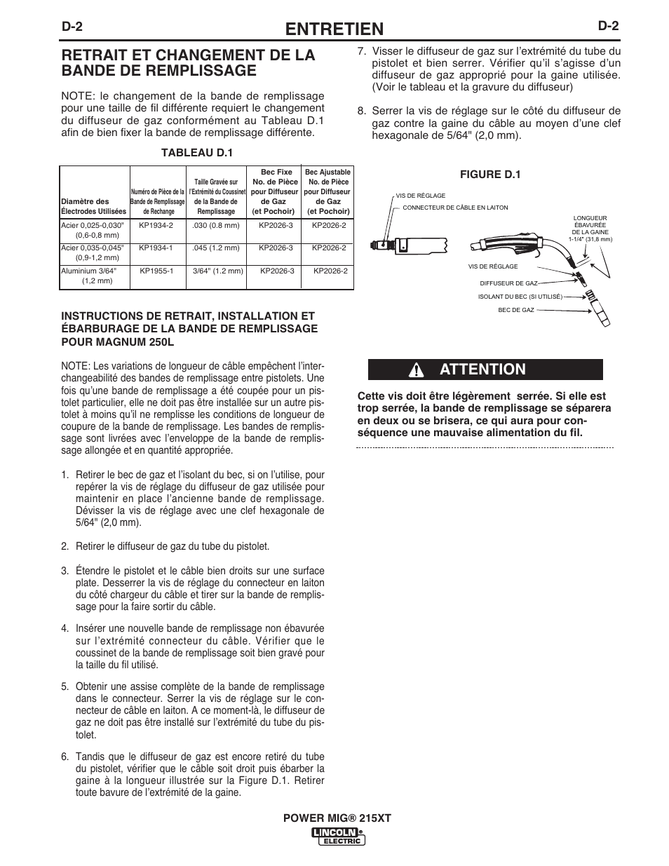 Entretien, Retrait et changement de la bande de remplissage, Attention | Lincoln Electric IM978 POWER MIG 215XT User Manual | Page 23 / 33