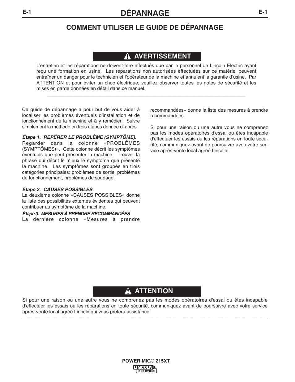 Dépannage, Attention, Comment utiliser le guide de dépannage | Avertissement | Lincoln Electric IM978 POWER MIG 215XT User Manual | Page 25 / 33