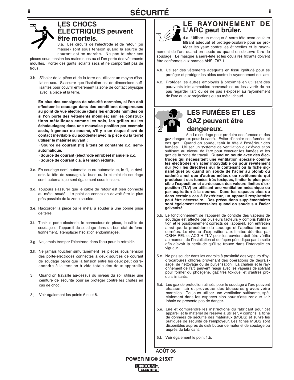 Sécurité, Le rayonnement de l'arc peut brûler, Les chocs électriques peuvent être mortels | Les fumées et les gaz peuvent être dangereux | Lincoln Electric IM978 POWER MIG 215XT User Manual | Page 3 / 33