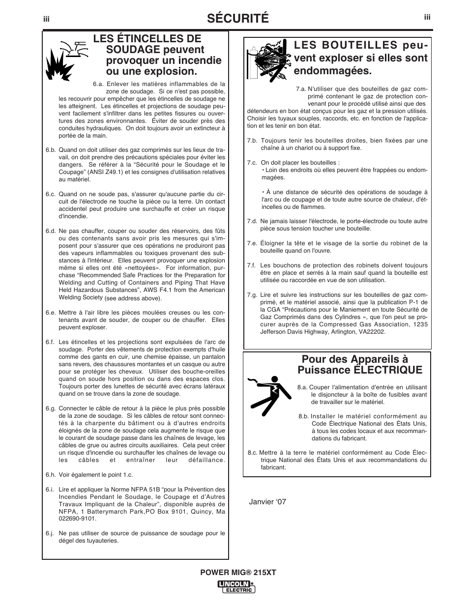 Sécurité, Pour des appareils à puissance électrique | Lincoln Electric IM978 POWER MIG 215XT User Manual | Page 4 / 33