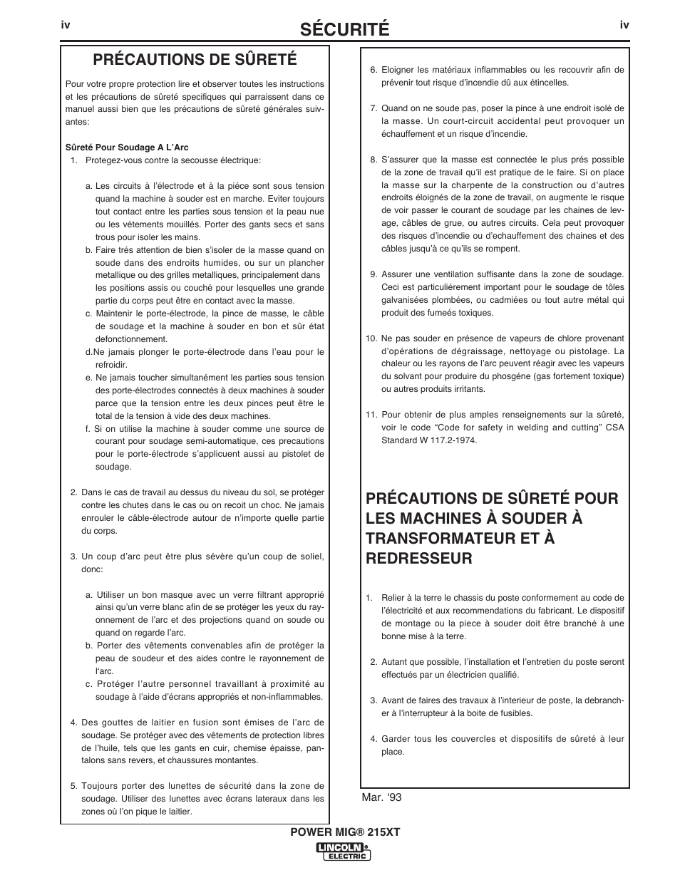 Sécurité, Précautions de sûreté | Lincoln Electric IM978 POWER MIG 215XT User Manual | Page 5 / 33