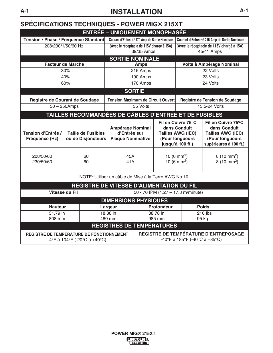 Installation, Spécifications techniques - power mig® 215xt | Lincoln Electric IM978 POWER MIG 215XT User Manual | Page 9 / 33