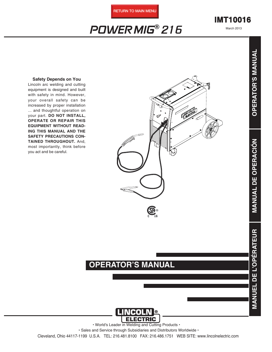 Lincoln Electric IMT10016 POWER MIG 216 User Manual | 100 pages