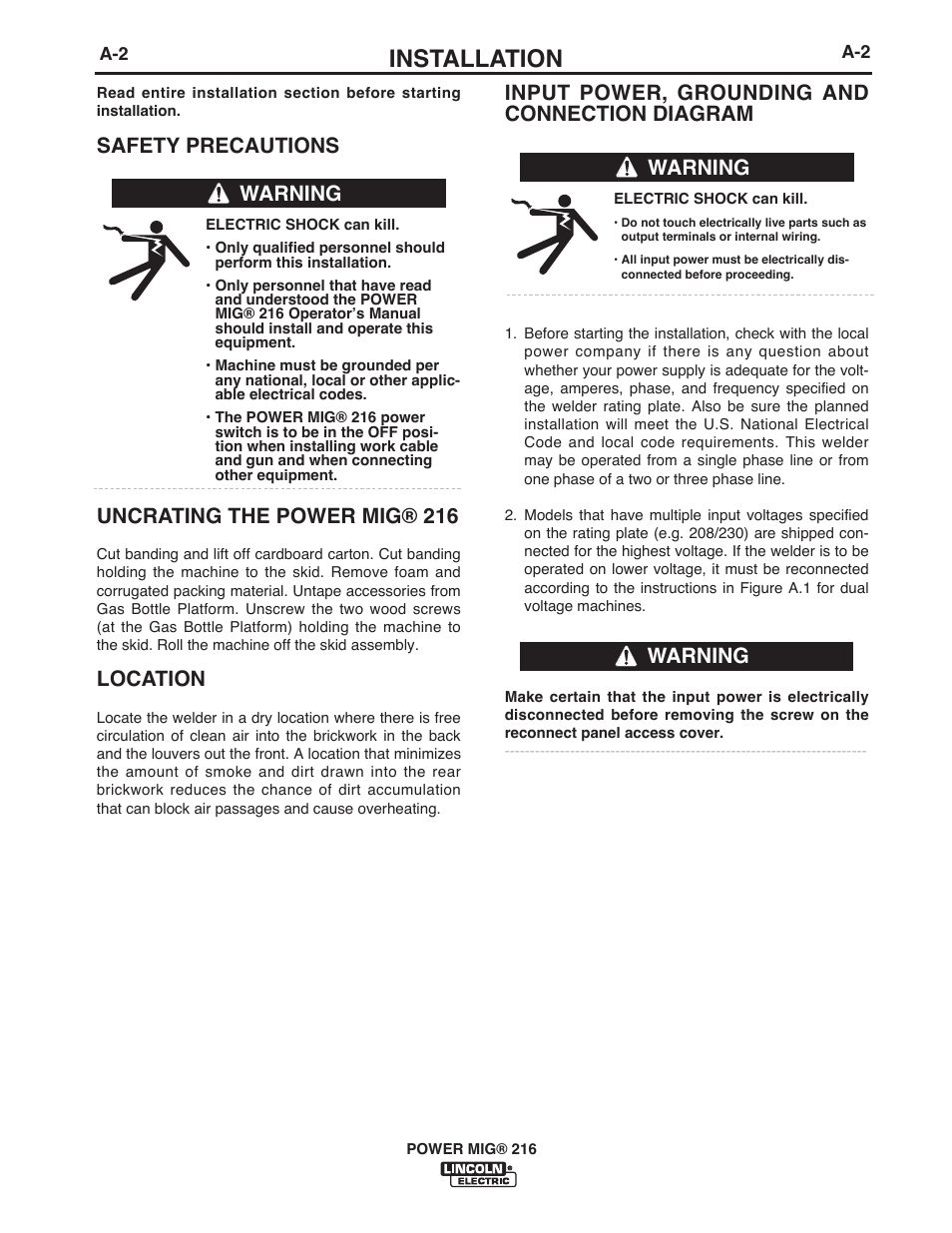 Installation, Uncrating the power mig® 216, Location | Warning | Lincoln Electric IMT10016 POWER MIG 216 User Manual | Page 10 / 100