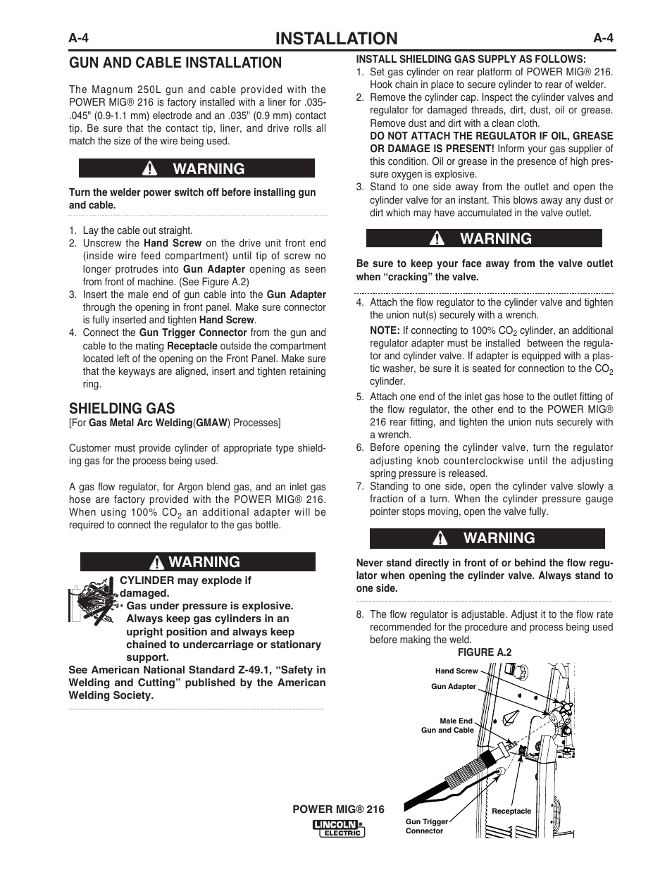 Installation, Gun and cable installation, Shielding gas | Warning | Lincoln Electric IMT10016 POWER MIG 216 User Manual | Page 12 / 100