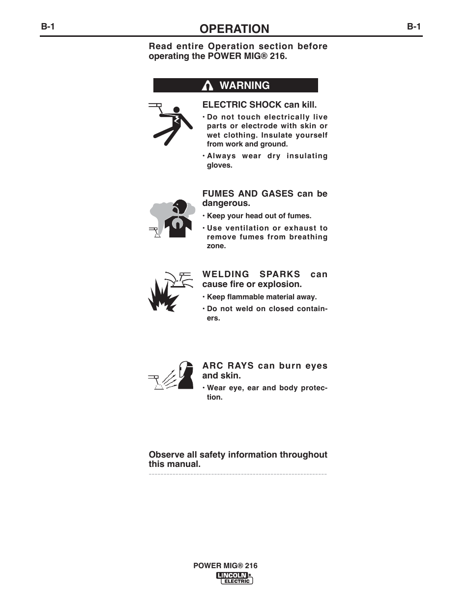 Operation, Warning | Lincoln Electric IMT10016 POWER MIG 216 User Manual | Page 14 / 100