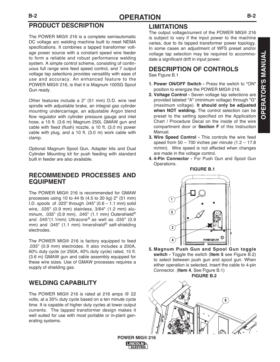 Operation, Product description, Recommended processes and equipment | Welding capability, Limitations, Description of controls, Opera t or ʼs manual | Lincoln Electric IMT10016 POWER MIG 216 User Manual | Page 15 / 100