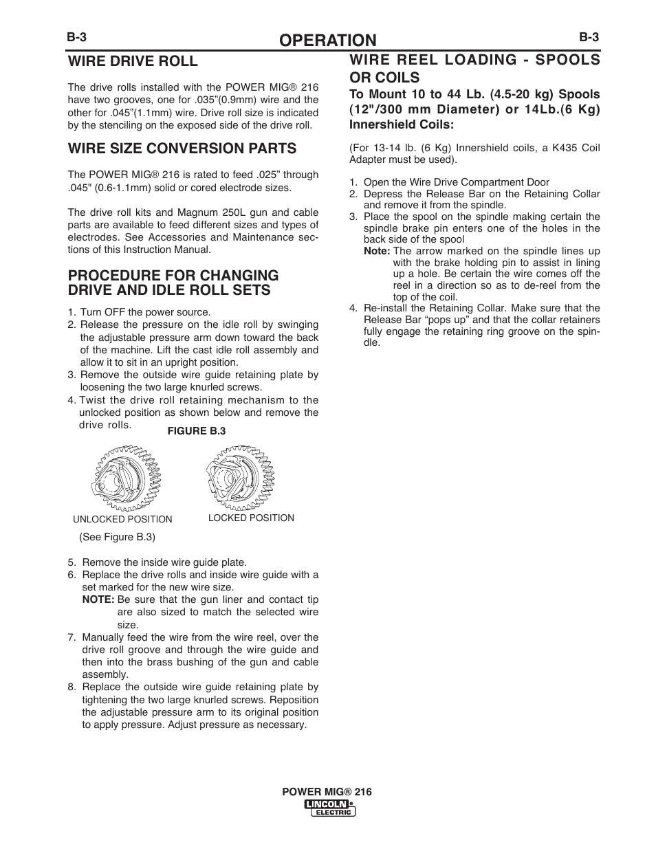 Operation, Wire drive roll, Wire size conversion parts | Procedure for changing drive and idle roll sets, Wire reel loading - spools or coils | Lincoln Electric IMT10016 POWER MIG 216 User Manual | Page 16 / 100