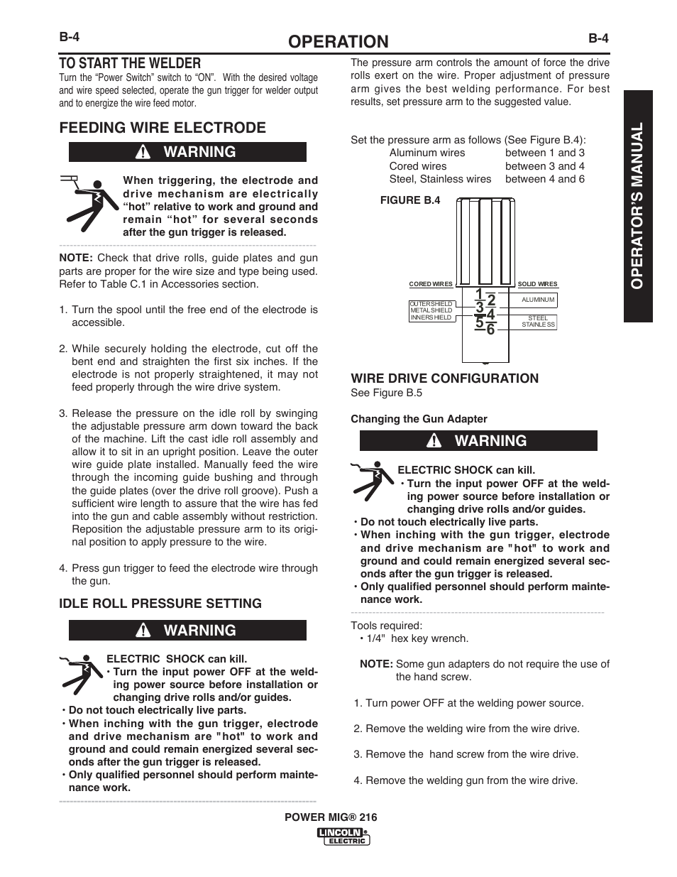 Operation, Feeding wire electrode, Warning | Opera t or ʼs manual | Lincoln Electric IMT10016 POWER MIG 216 User Manual | Page 17 / 100