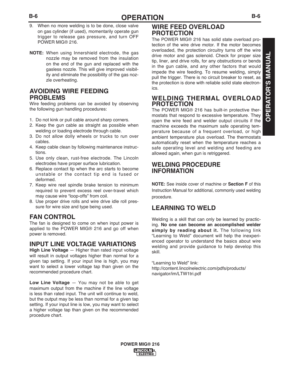 Operation, Avoiding wire feeding problems, Fan control | Input line voltage variations, Wire feed overload protection, Welding thermal overload protection, Welding procedure information, Learning to weld, Opera t or ʼs manual | Lincoln Electric IMT10016 POWER MIG 216 User Manual | Page 19 / 100