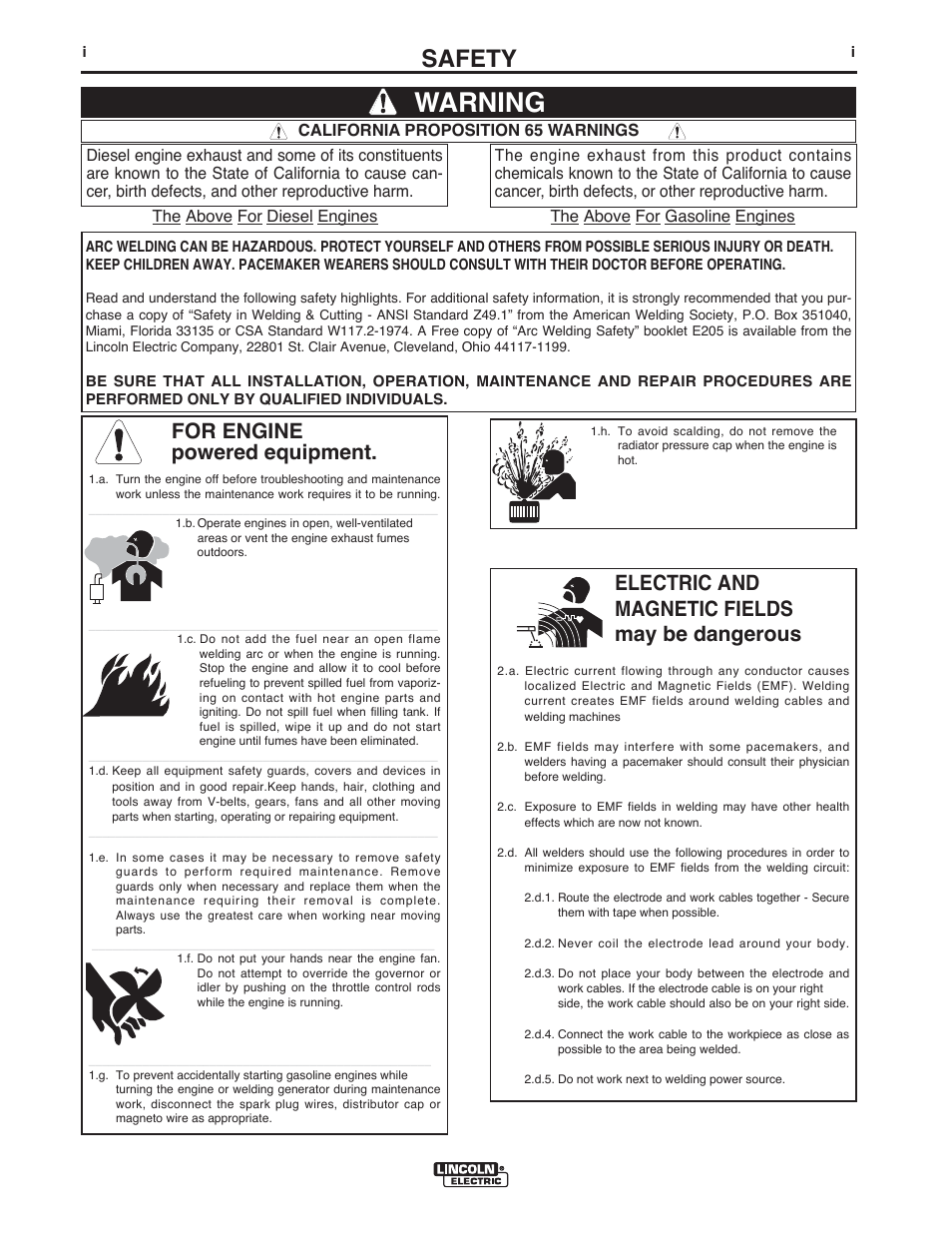 Warning, Safety, For engine powered equipment | Electric and magnetic fields may be dangerous | Lincoln Electric IMT10016 POWER MIG 216 User Manual | Page 2 / 100