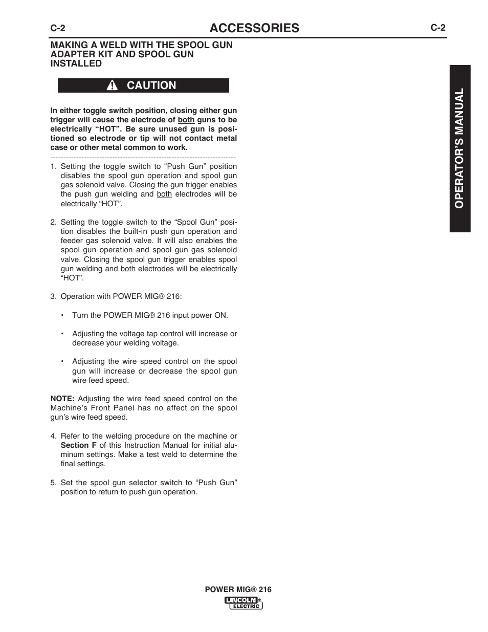 Accessories, Caution, Opera t or ʼs manual | Lincoln Electric IMT10016 POWER MIG 216 User Manual | Page 21 / 100