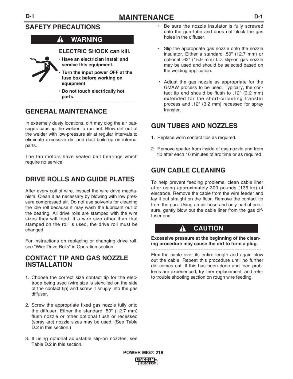 Maintenance, Gun tubes and nozzles, Gun cable cleaning | Safety precautions, General maintenance, Drive rolls and guide plates, Contact tip and gas nozzle installation, Warning caution | Lincoln Electric IMT10016 POWER MIG 216 User Manual | Page 22 / 100