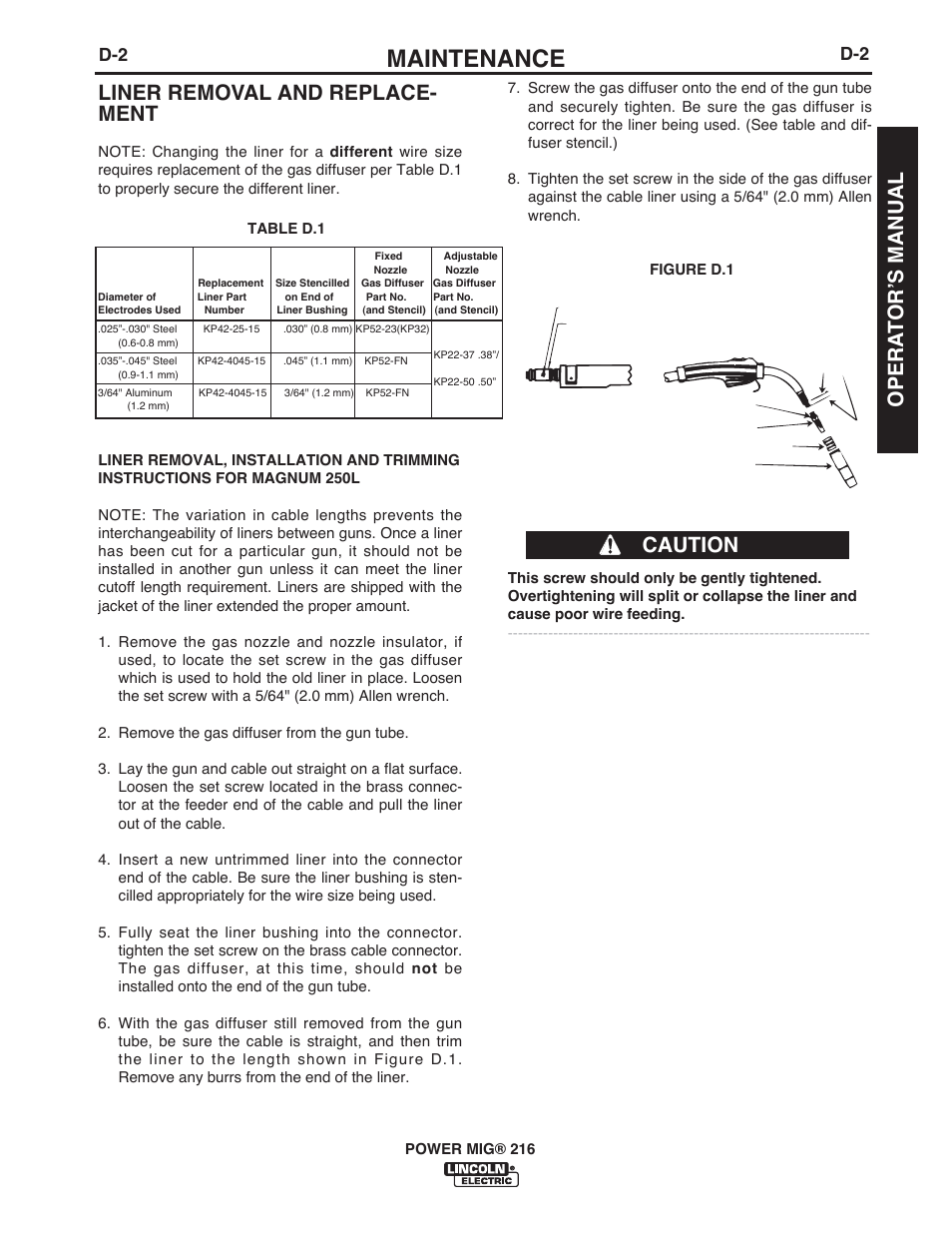 Maintenance, Liner removal and replace- ment, Caution | Opera t or ʼs manual | Lincoln Electric IMT10016 POWER MIG 216 User Manual | Page 23 / 100