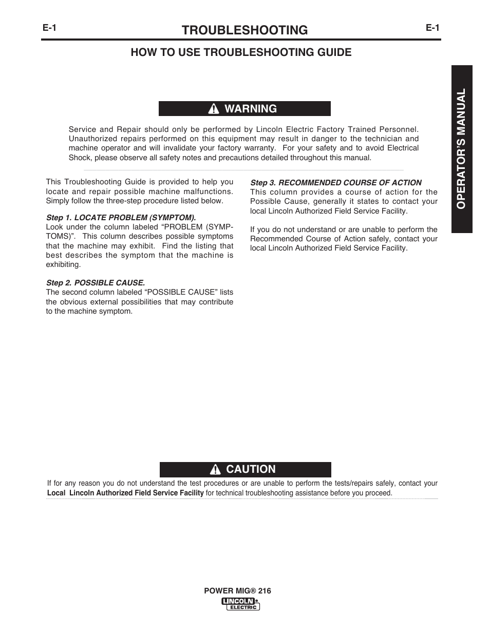 Troubleshooting | Lincoln Electric IMT10016 POWER MIG 216 User Manual | Page 25 / 100