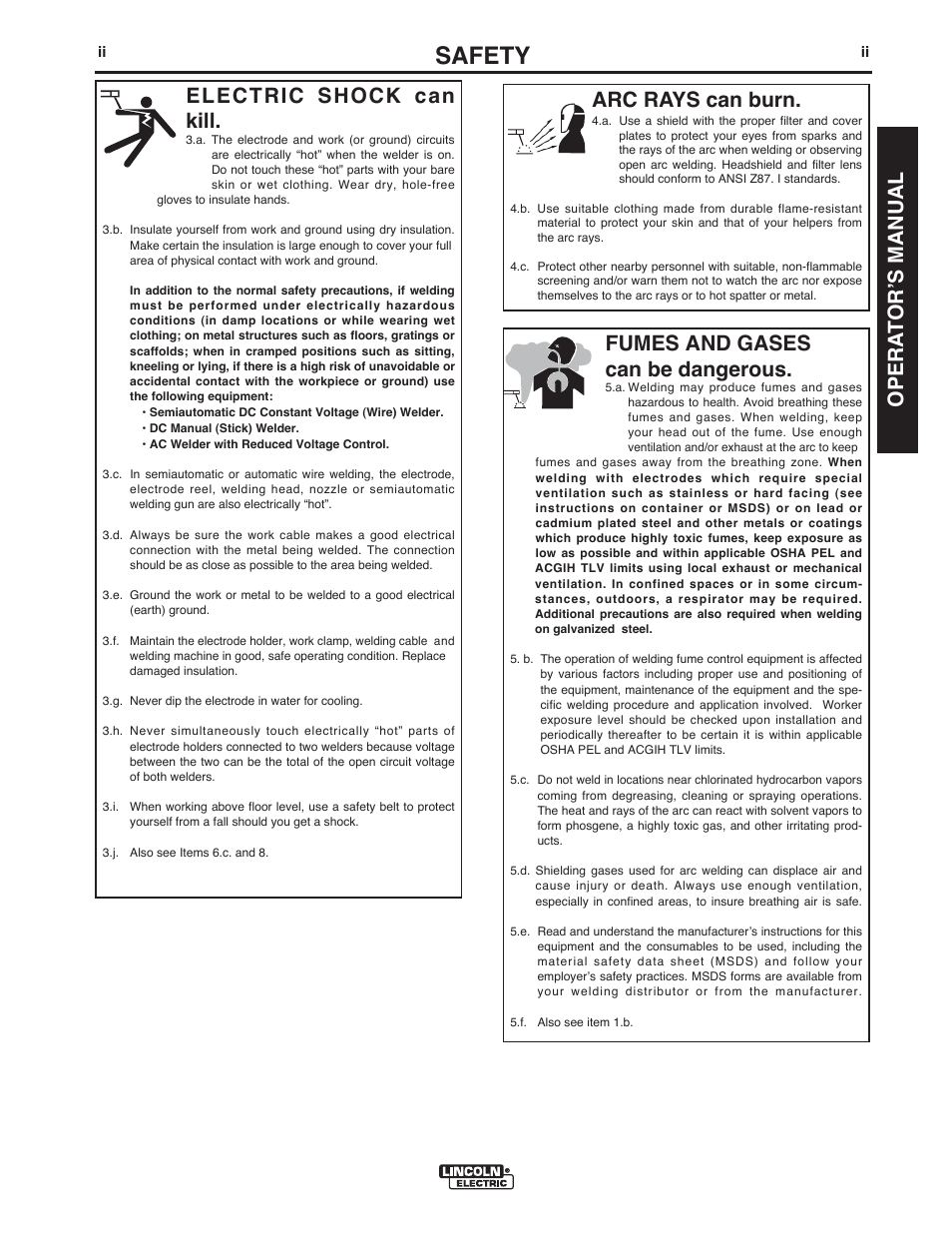 Safety, Arc rays can burn, Electric shock can kill | Fumes and gases can be dangerous, Opera t or ʼs manual | Lincoln Electric IMT10016 POWER MIG 216 User Manual | Page 3 / 100