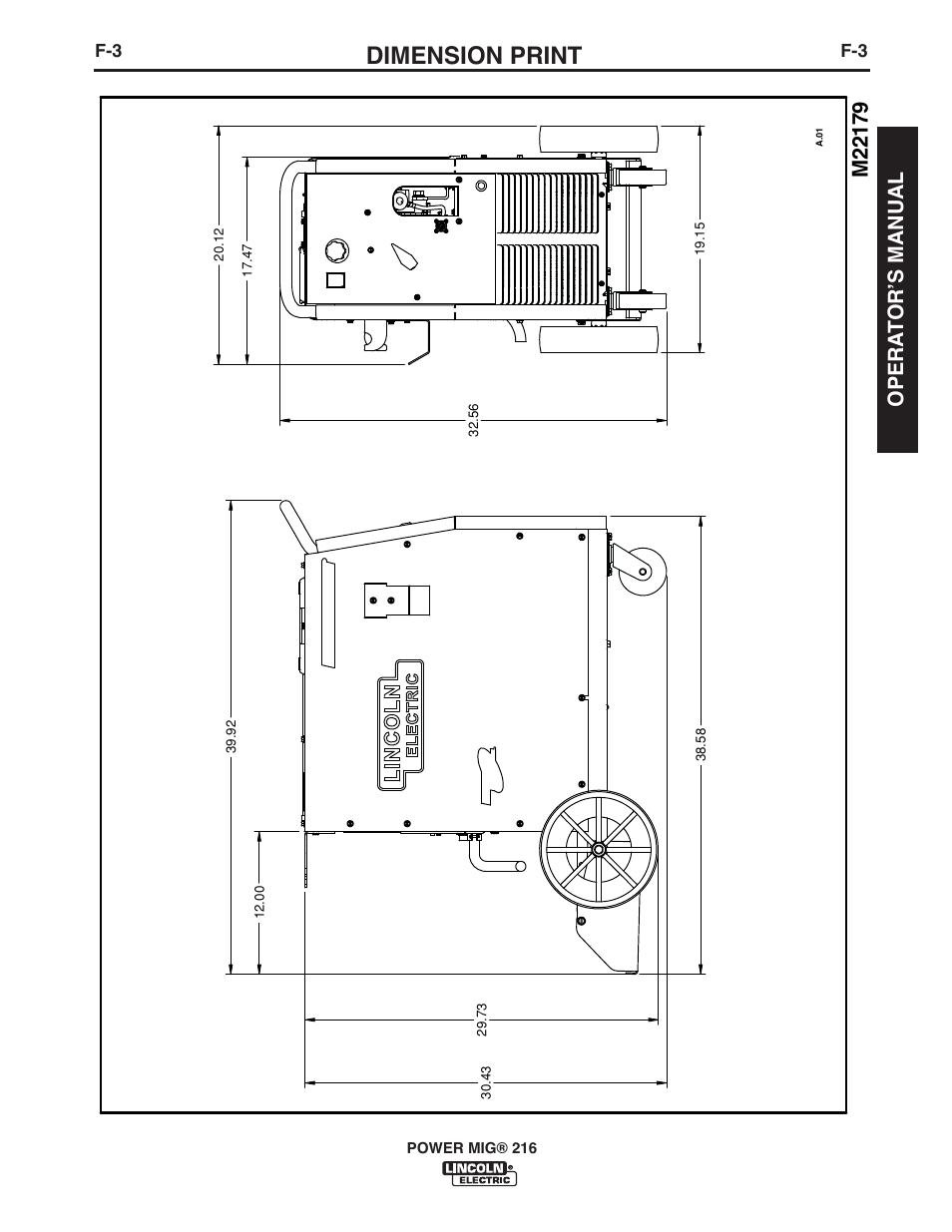 Dimension print, Opera t or ʼs manual | Lincoln Electric IMT10016 POWER MIG 216 User Manual | Page 31 / 100