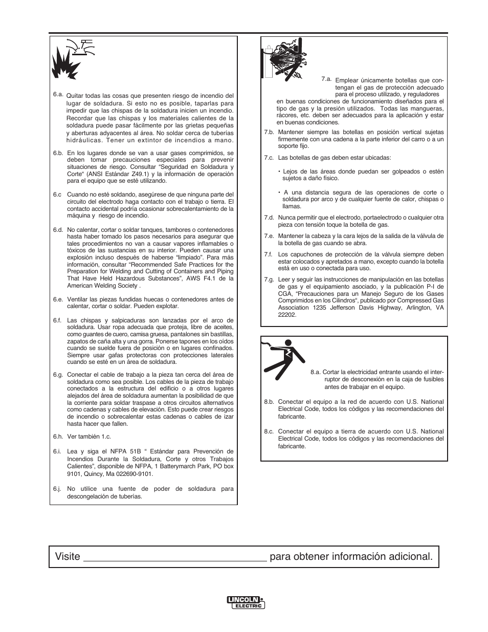 Seguridad, Para equipos eléctricos, La botella de gas puede explotar si está dañada | Lincoln Electric IMT10016 POWER MIG 216 User Manual | Page 36 / 100