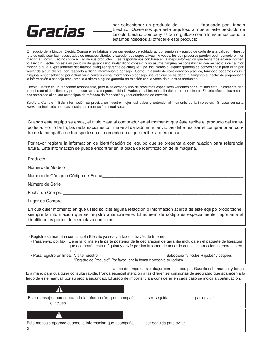 Gracias, Advertencia, Precaución | Lincoln Electric IMT10016 POWER MIG 216 User Manual | Page 38 / 100