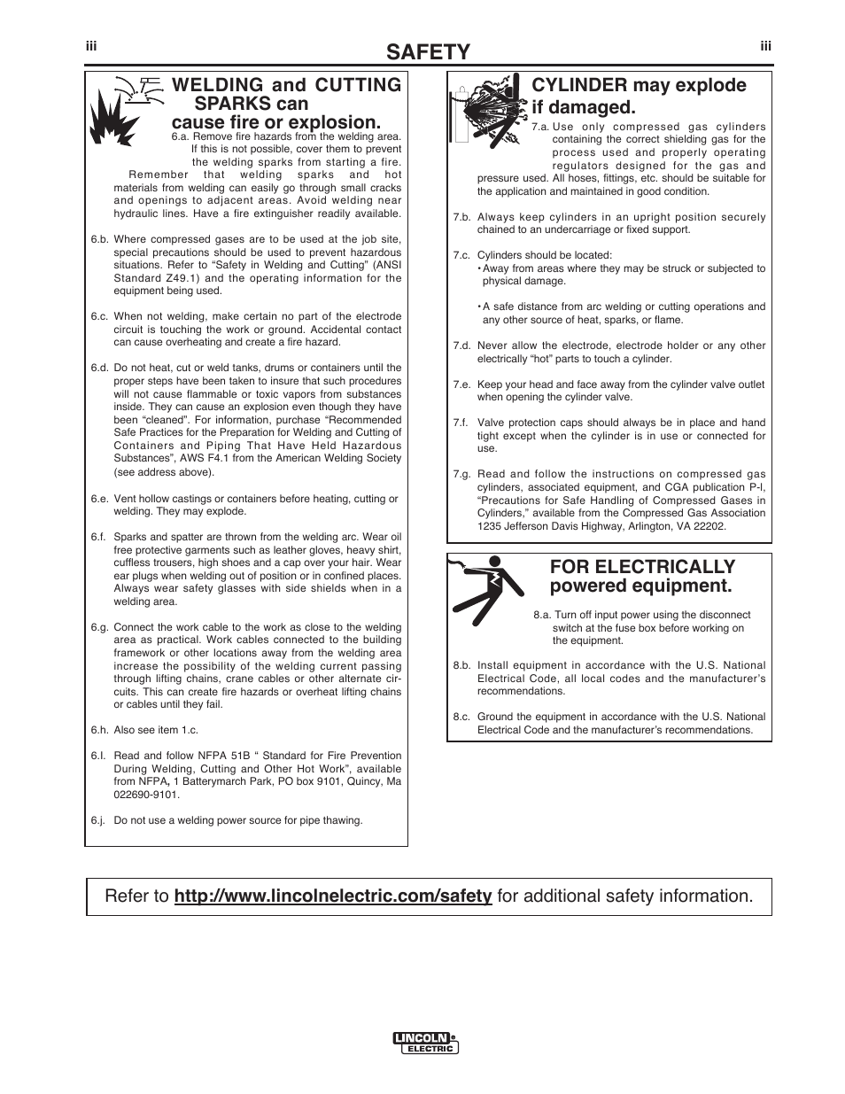 Safety, For electrically powered equipment, Cylinder may explode if damaged | Lincoln Electric IMT10016 POWER MIG 216 User Manual | Page 4 / 100