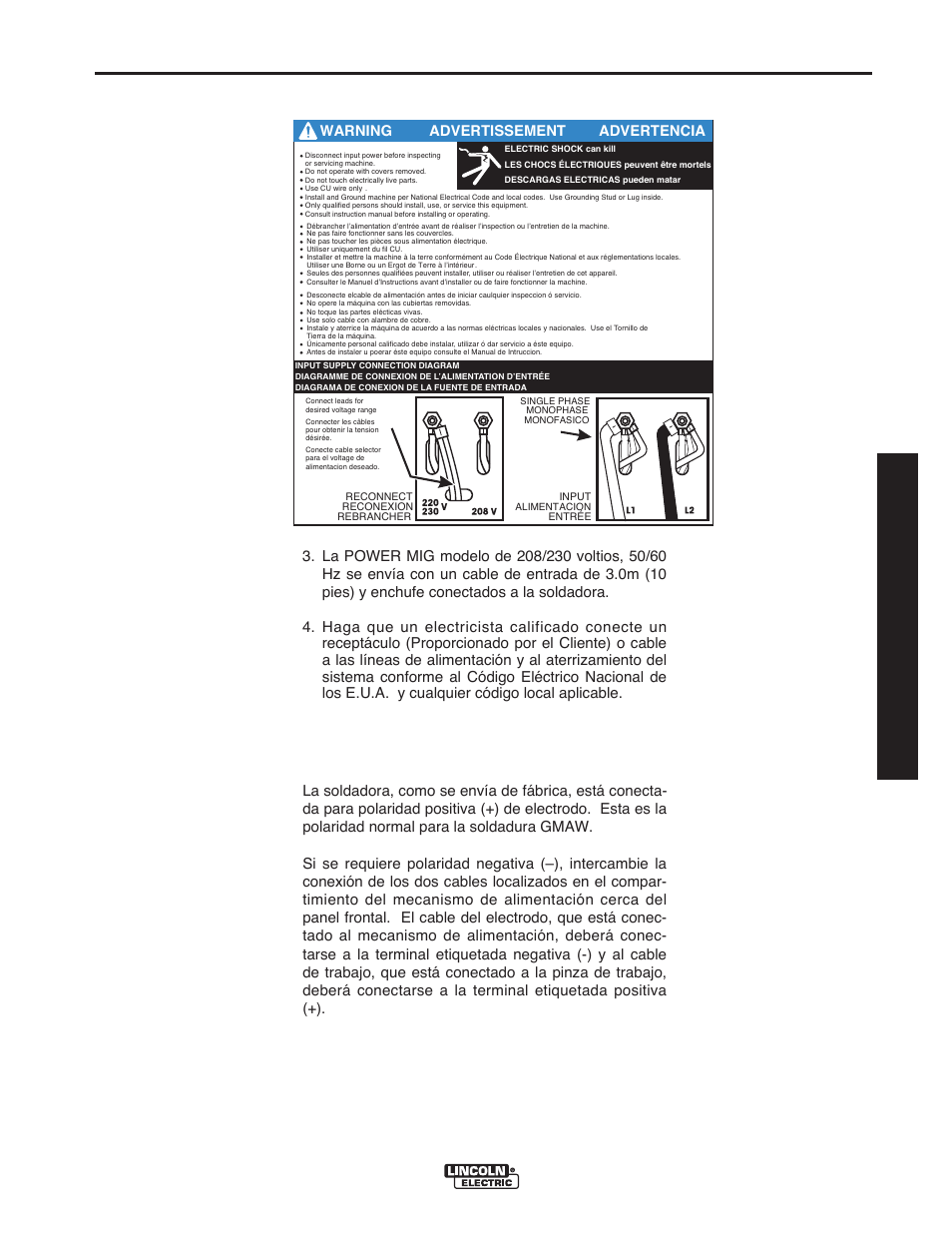 Instalación, Conexiones de polaridad de salida, Manual de operación | Lincoln Electric IMT10016 POWER MIG 216 User Manual | Page 43 / 100