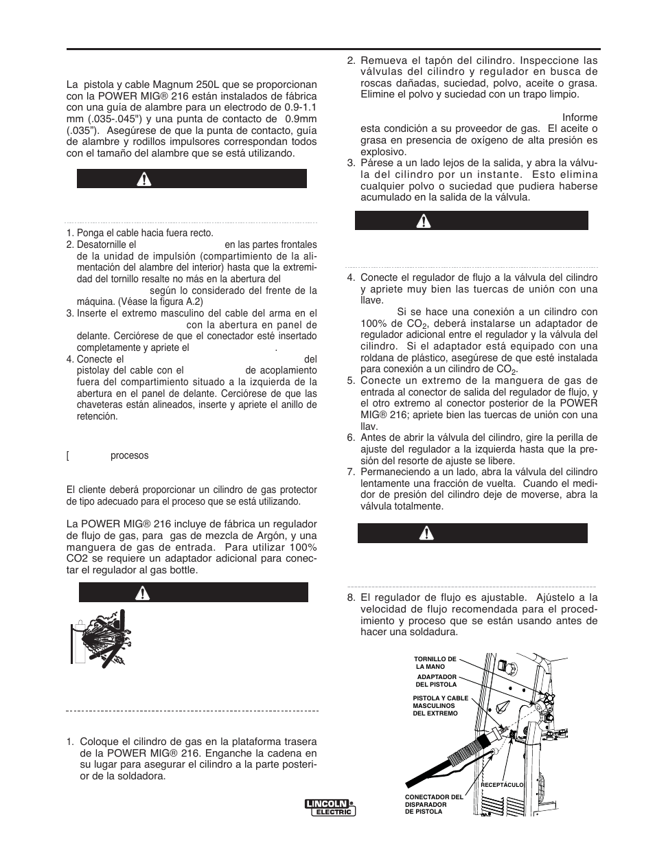 Instalación, Instalación de la pistola y cable, Gas protector | Advertencia | Lincoln Electric IMT10016 POWER MIG 216 User Manual | Page 44 / 100