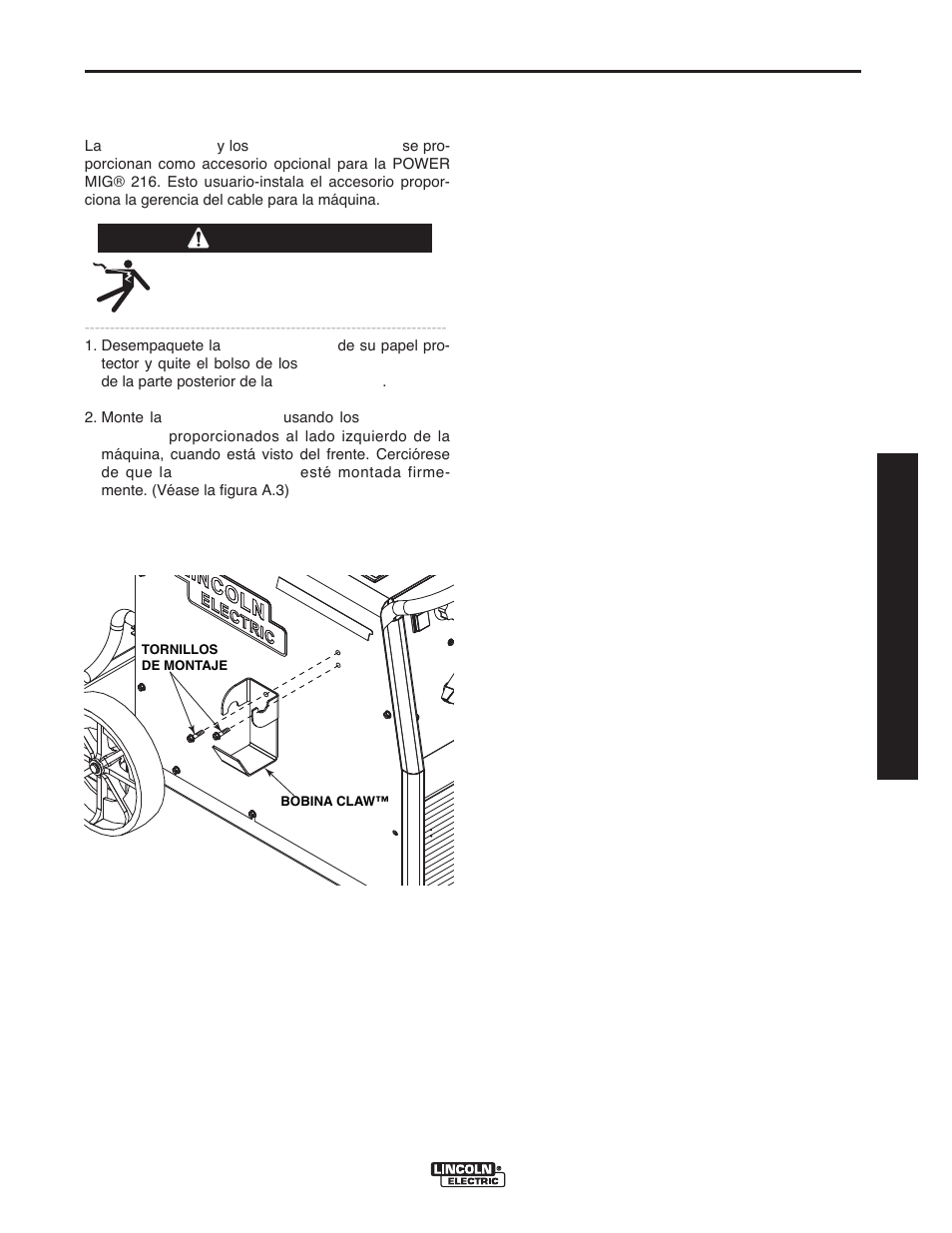 Instalación, Instalación de la bobina claw, Warning | Manual de operación | Lincoln Electric IMT10016 POWER MIG 216 User Manual | Page 45 / 100