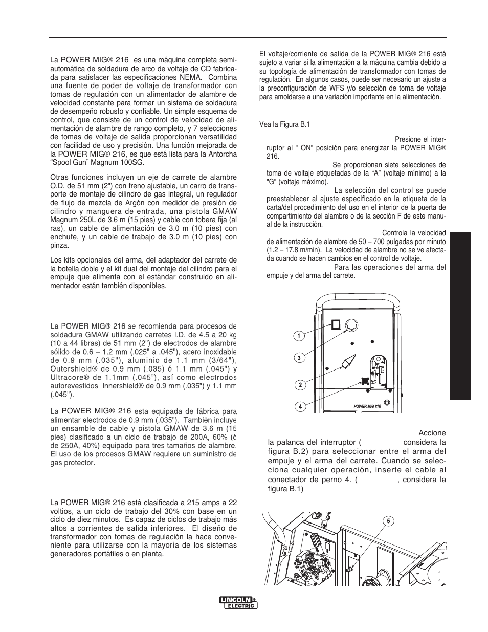 Operación, Descripción del producto, Procesos y equipo recomendados | Capacidad de soldadura, Limitaciones, Descripción de los controles, Manual de operación | Lincoln Electric IMT10016 POWER MIG 216 User Manual | Page 47 / 100