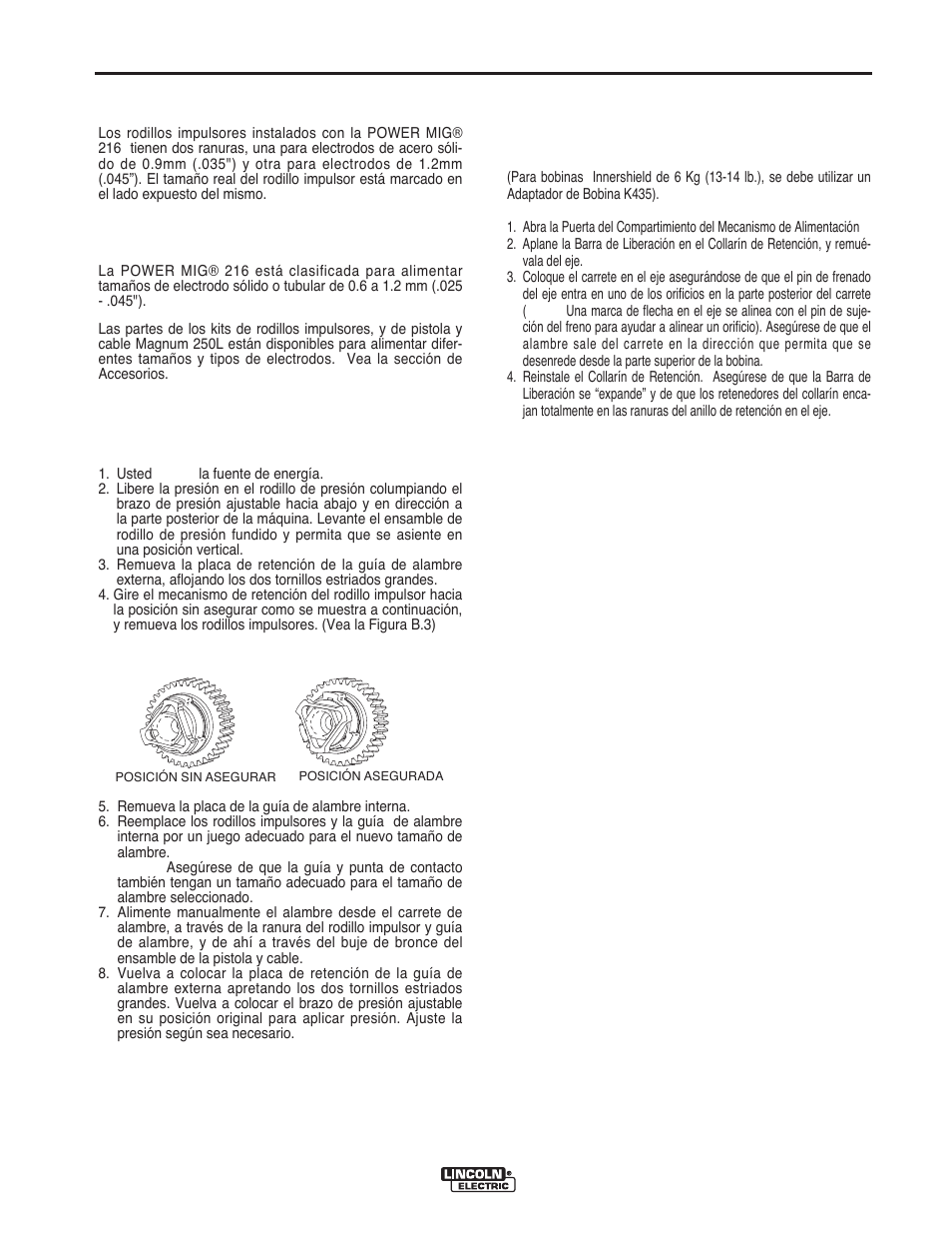 Operación, Rodillos del mecanismo de alimentación, Partes de conversión de tamaños de alambre | Carga del carrete de alambre - carretes o bobinas | Lincoln Electric IMT10016 POWER MIG 216 User Manual | Page 48 / 100