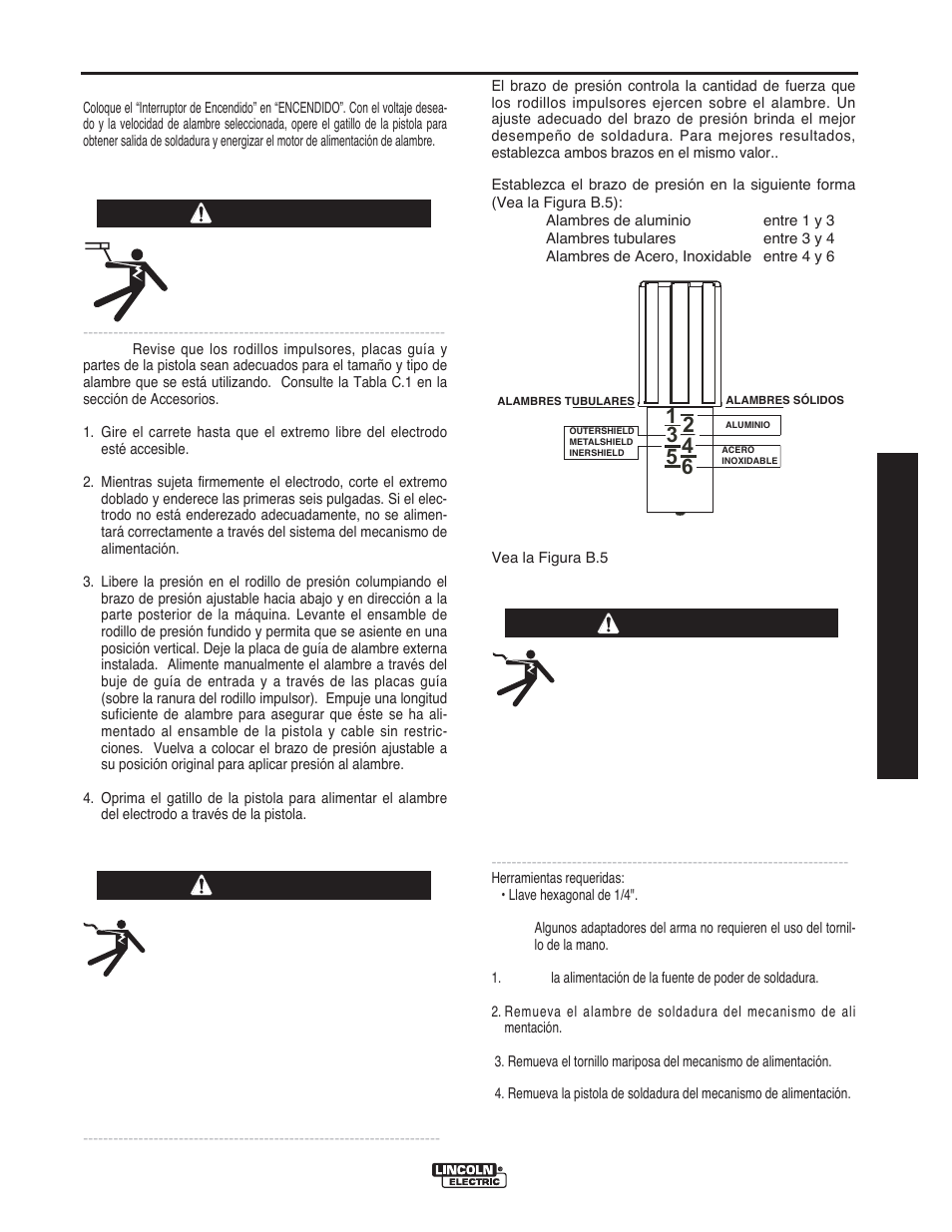 Operación, Cómo encender la soldadora, Alimentación del electrodo | Advertencia, Manual de operación | Lincoln Electric IMT10016 POWER MIG 216 User Manual | Page 49 / 100