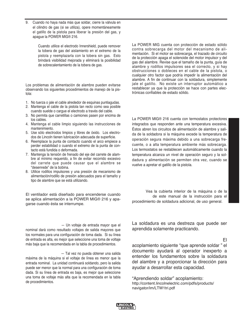 Operación, Cómo evitar problemas de alimentación de alambre, Control del ventilador | Variaciones de voltaje de la línea de entrada, Información sobre procedimientos de soldadura, Manual de operación | Lincoln Electric IMT10016 POWER MIG 216 User Manual | Page 51 / 100