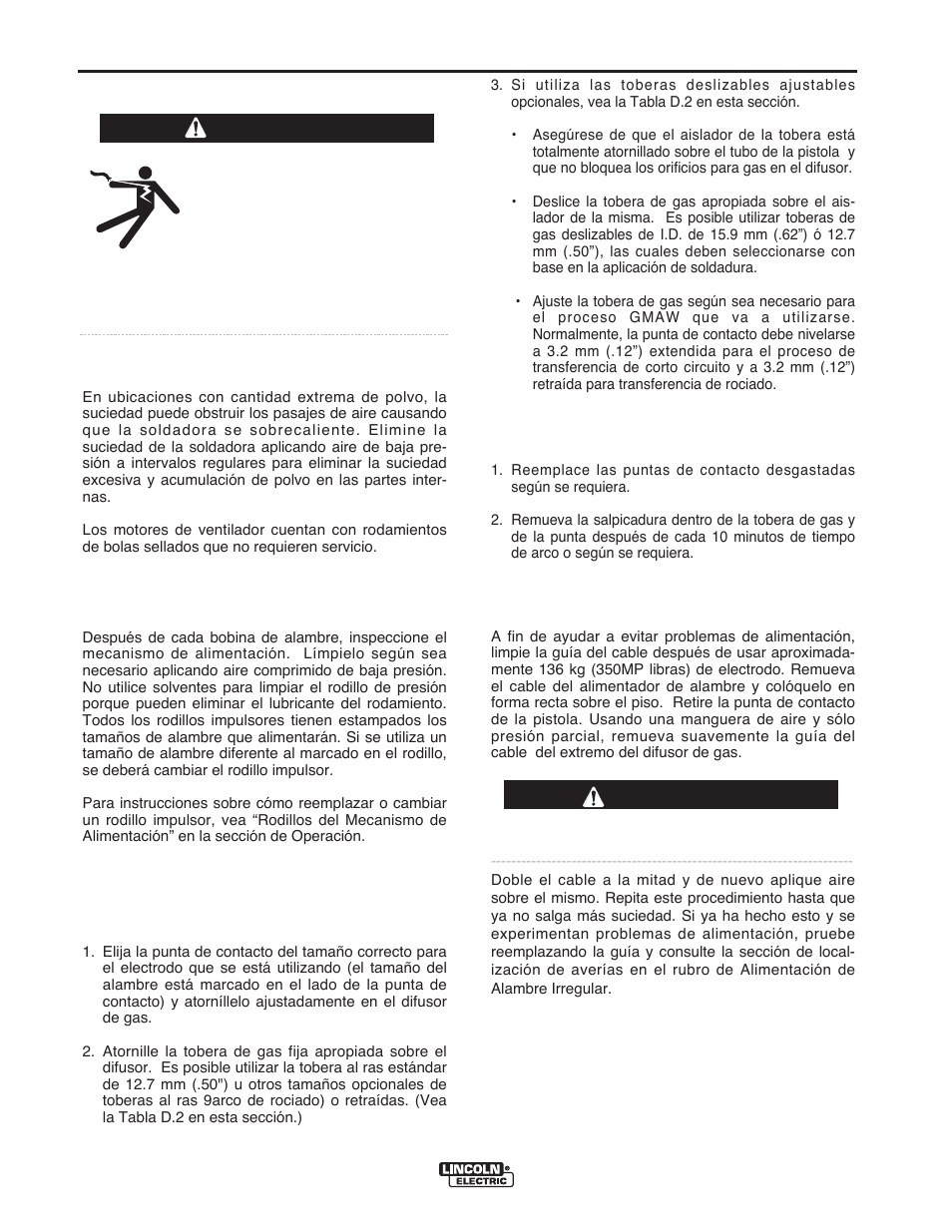 Mantenimiento, Tubos y toberas de la pistola, Limpieza del cable de la pistola | Precauciones de seguridad, Mantenimiento general, Rodillos impulsores y placas guía, Advertencia precaución | Lincoln Electric IMT10016 POWER MIG 216 User Manual | Page 54 / 100