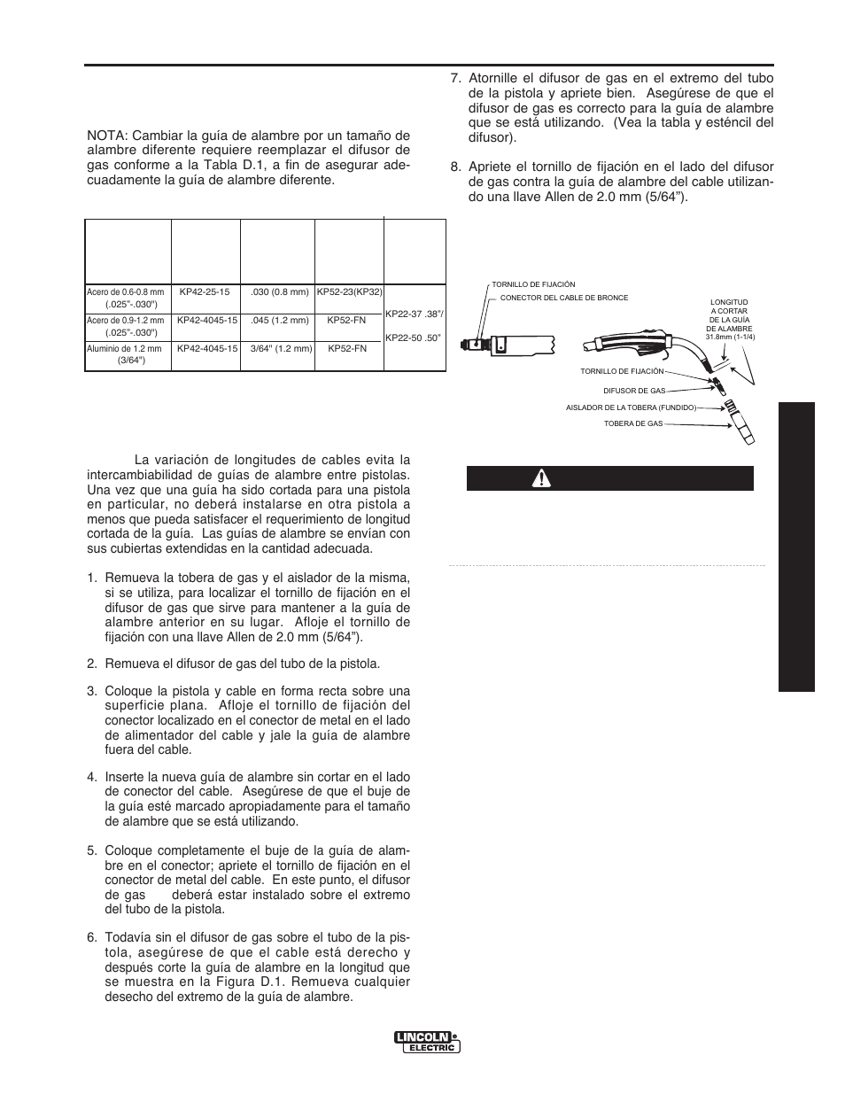 Mantenimiento, Remoción y reemplazo de la guía de alambre, Precaución | Manual de operación | Lincoln Electric IMT10016 POWER MIG 216 User Manual | Page 55 / 100