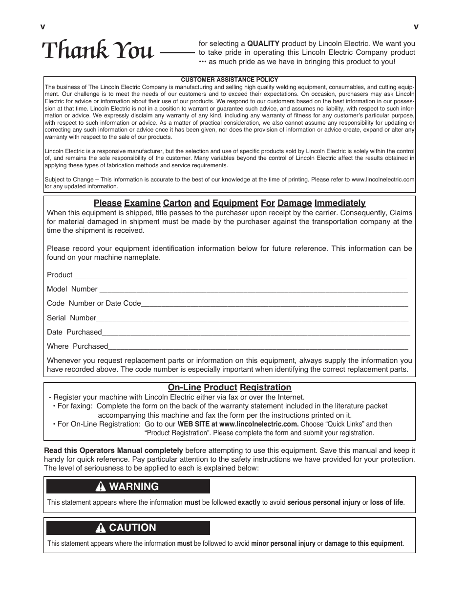 Warning, Caution | Lincoln Electric IMT10016 POWER MIG 216 User Manual | Page 6 / 100