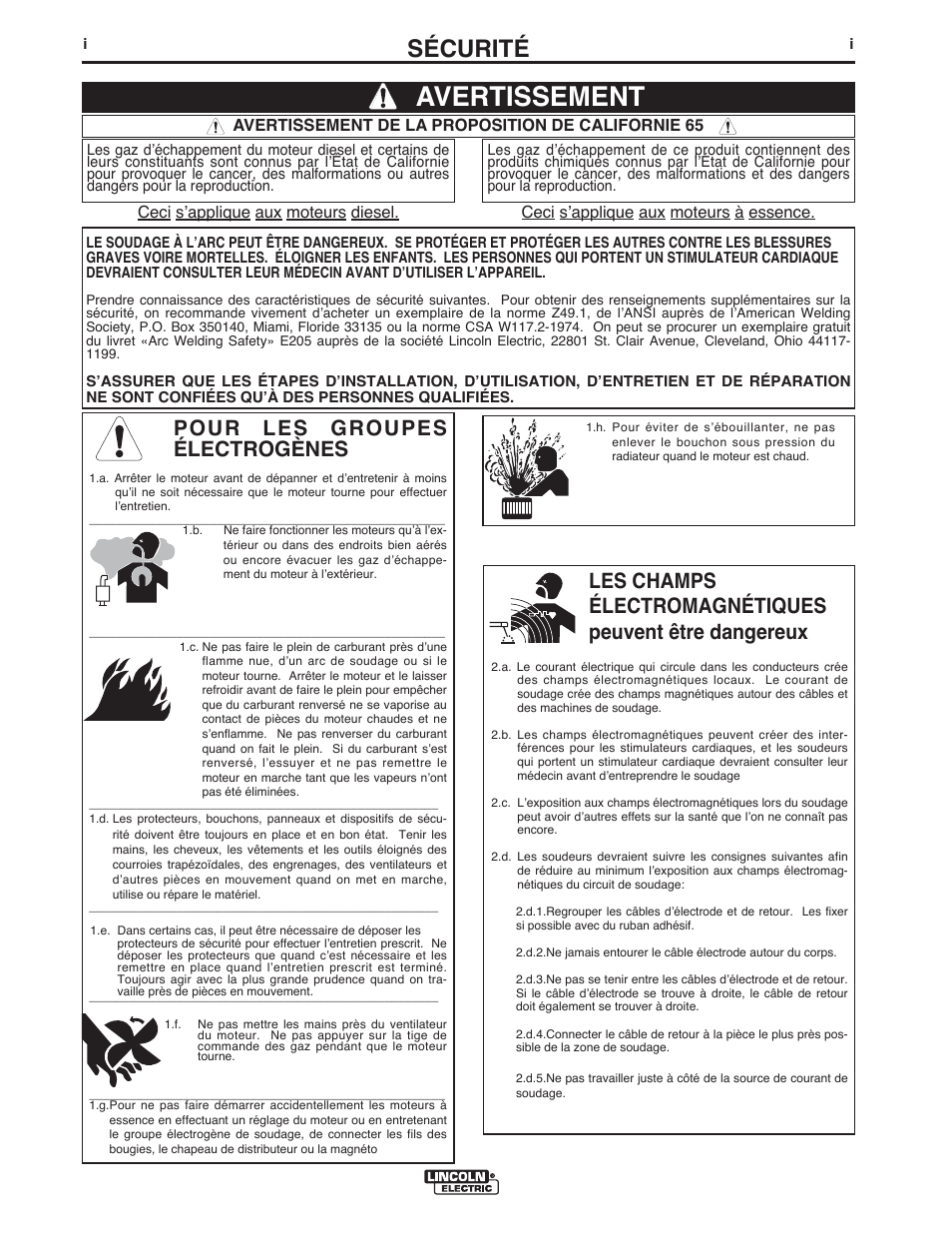 Avertissement, Sécurité, Pour les groupes électrogènes | Lincoln Electric IMT10016 POWER MIG 216 User Manual | Page 66 / 100