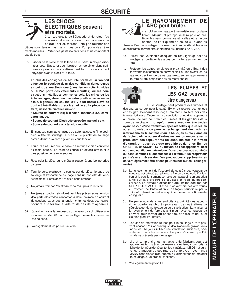 Sécurité, Le rayonnement de l'arc peut brûler, Les chocs électriques peuvent être mortels | Les fumées et les gaz peuvent être dangereux, Manuel de l ʼopéra teur | Lincoln Electric IMT10016 POWER MIG 216 User Manual | Page 67 / 100