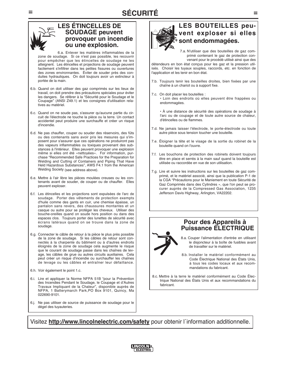 Sécurité, Pour des appareils à puissance électrique | Lincoln Electric IMT10016 POWER MIG 216 User Manual | Page 68 / 100