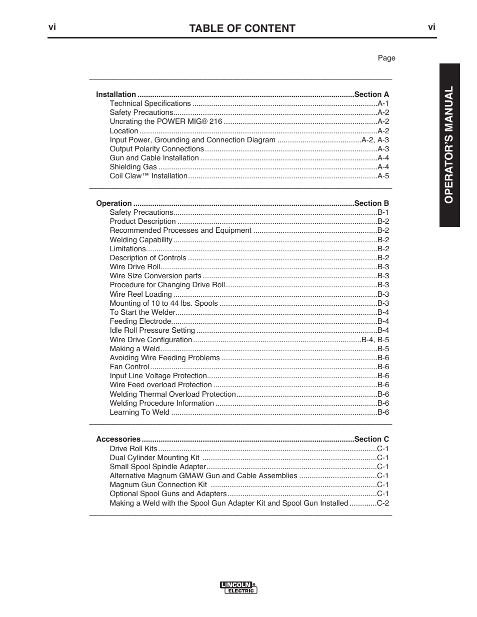 Table of content, Opera t or ʼs manual | Lincoln Electric IMT10016 POWER MIG 216 User Manual | Page 7 / 100
