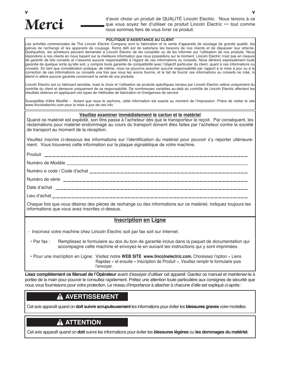 Merci, Avertissement, Attention | Lincoln Electric IMT10016 POWER MIG 216 User Manual | Page 70 / 100