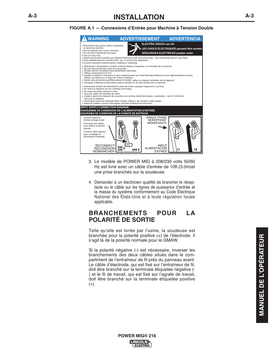 Installation, Branchements pour la polarité de sortie, Manuel de l ʼopéra teur | Lincoln Electric IMT10016 POWER MIG 216 User Manual | Page 75 / 100