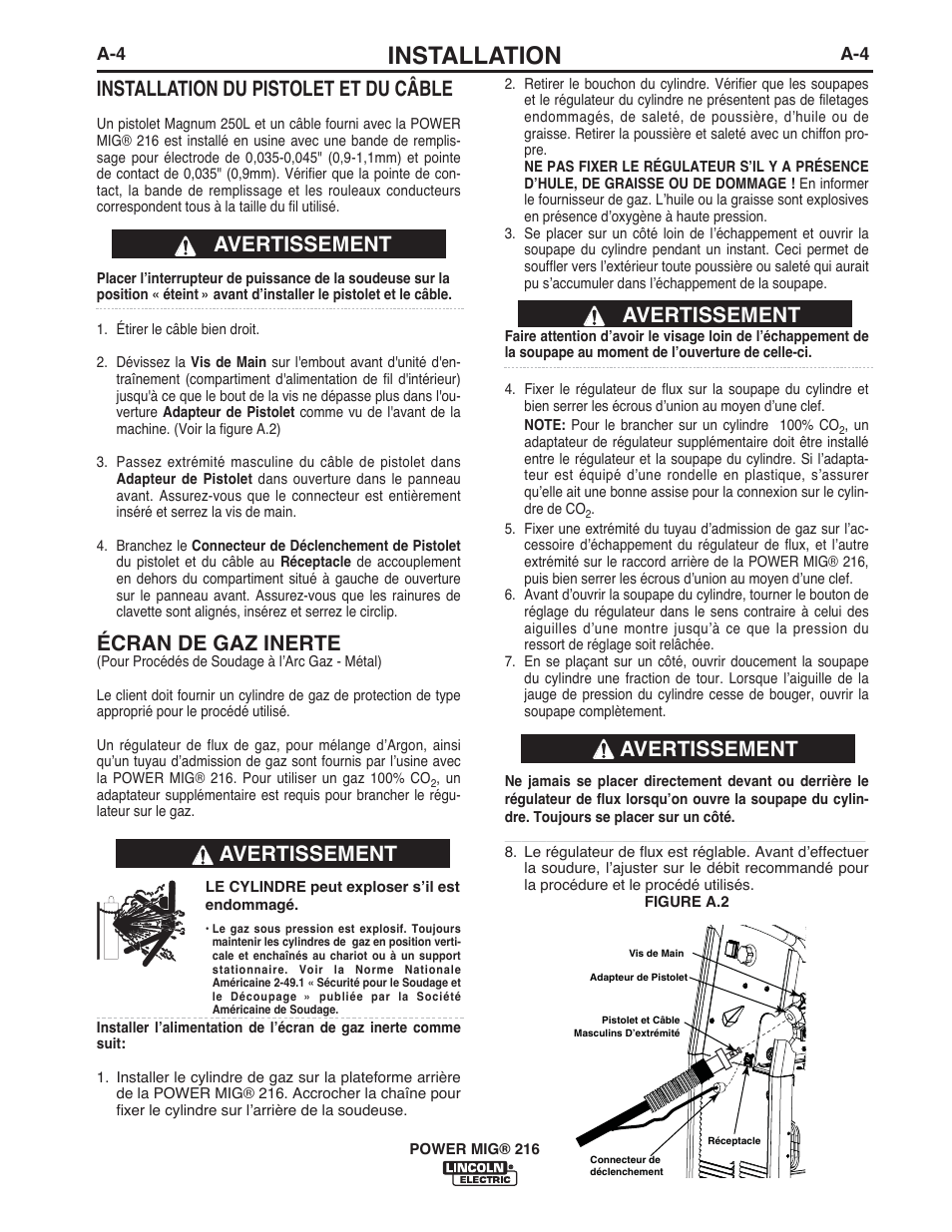 Installation, Installation du pistolet et du câble, Écran de gaz inerte | Avertissement | Lincoln Electric IMT10016 POWER MIG 216 User Manual | Page 76 / 100