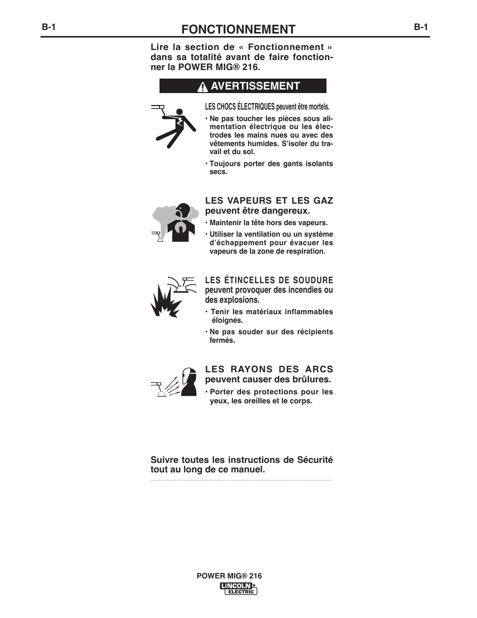 Fonctionnement, Avertissement | Lincoln Electric IMT10016 POWER MIG 216 User Manual | Page 78 / 100