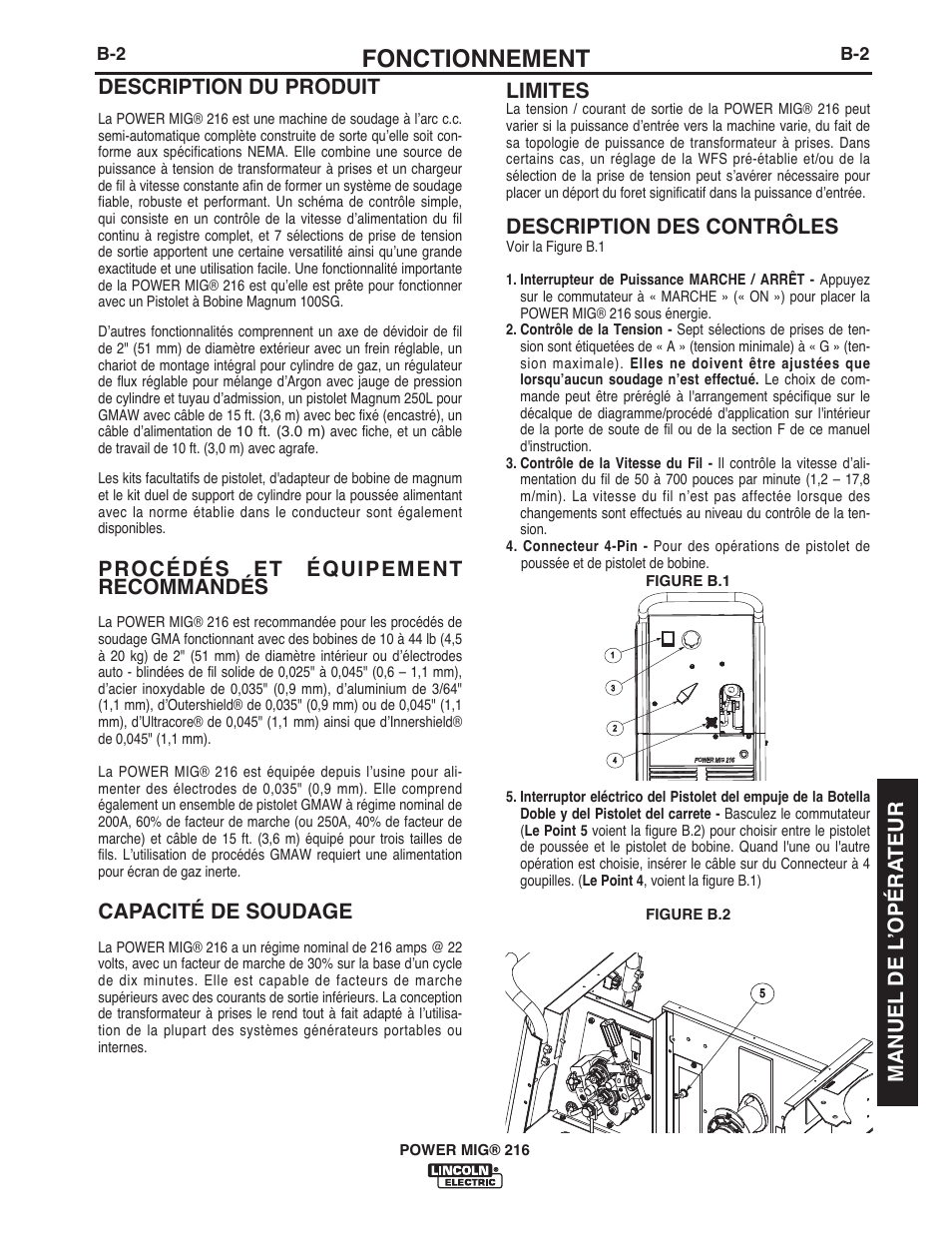 Fonctionnement, Description du produit, Procédés et équipement recommandés | Capacité de soudage, Limites, Description des contrôles, Manuel de l ʼopéra teur | Lincoln Electric IMT10016 POWER MIG 216 User Manual | Page 79 / 100