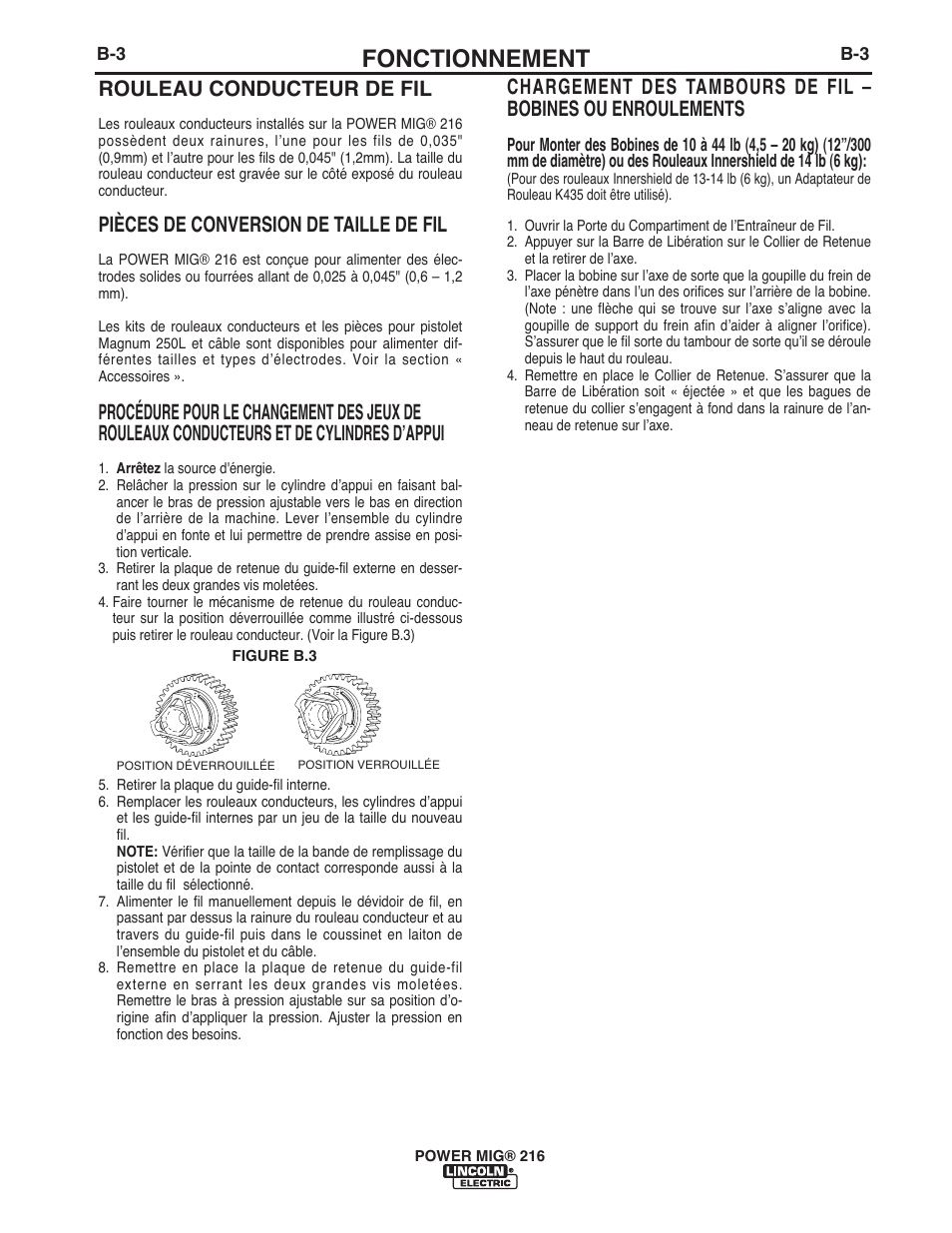 Fonctionnement, Rouleau conducteur de fil, Pièces de conversion de taille de fil | Lincoln Electric IMT10016 POWER MIG 216 User Manual | Page 80 / 100