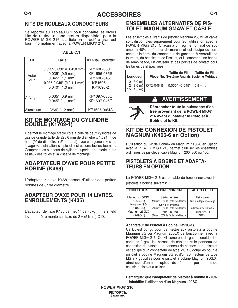 Accessoires, Kits de rouleaux conducteurs, Adaptateur dʼaxe pour petite bobine (k468) | Pistolets à bobine et adapta- teurs en option, Avertissement | Lincoln Electric IMT10016 POWER MIG 216 User Manual | Page 84 / 100